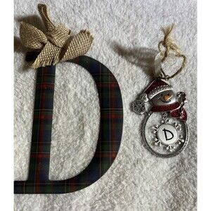 Lot of 2 Letter 'D" Ornaments Glitter Snowman & Plaid Burlap Letter